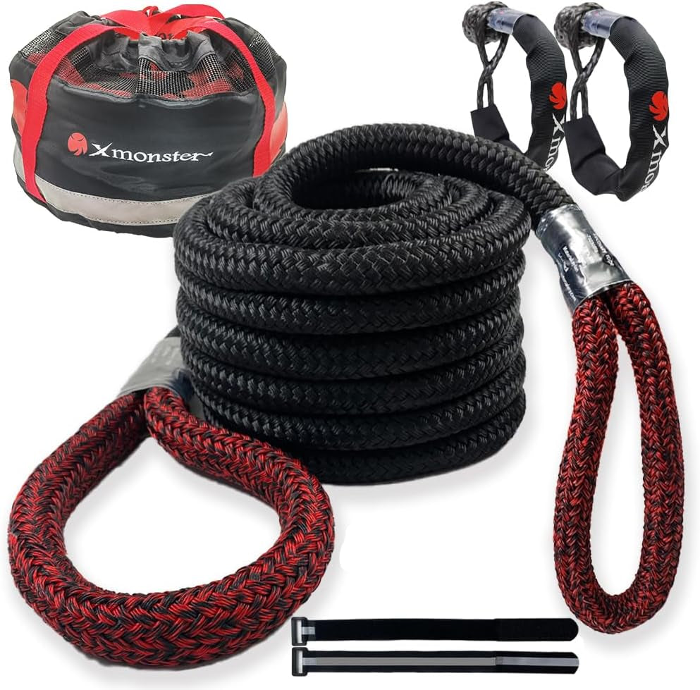 7/8" X 30' Kinetic Recovery Rope & Towing Rope - 29,000Lbs Breaking Strength - Heavy Duty Off-Road Snatch Rope with 2 Soft Shackles (40,000Lbs) and Free Carrying Bag