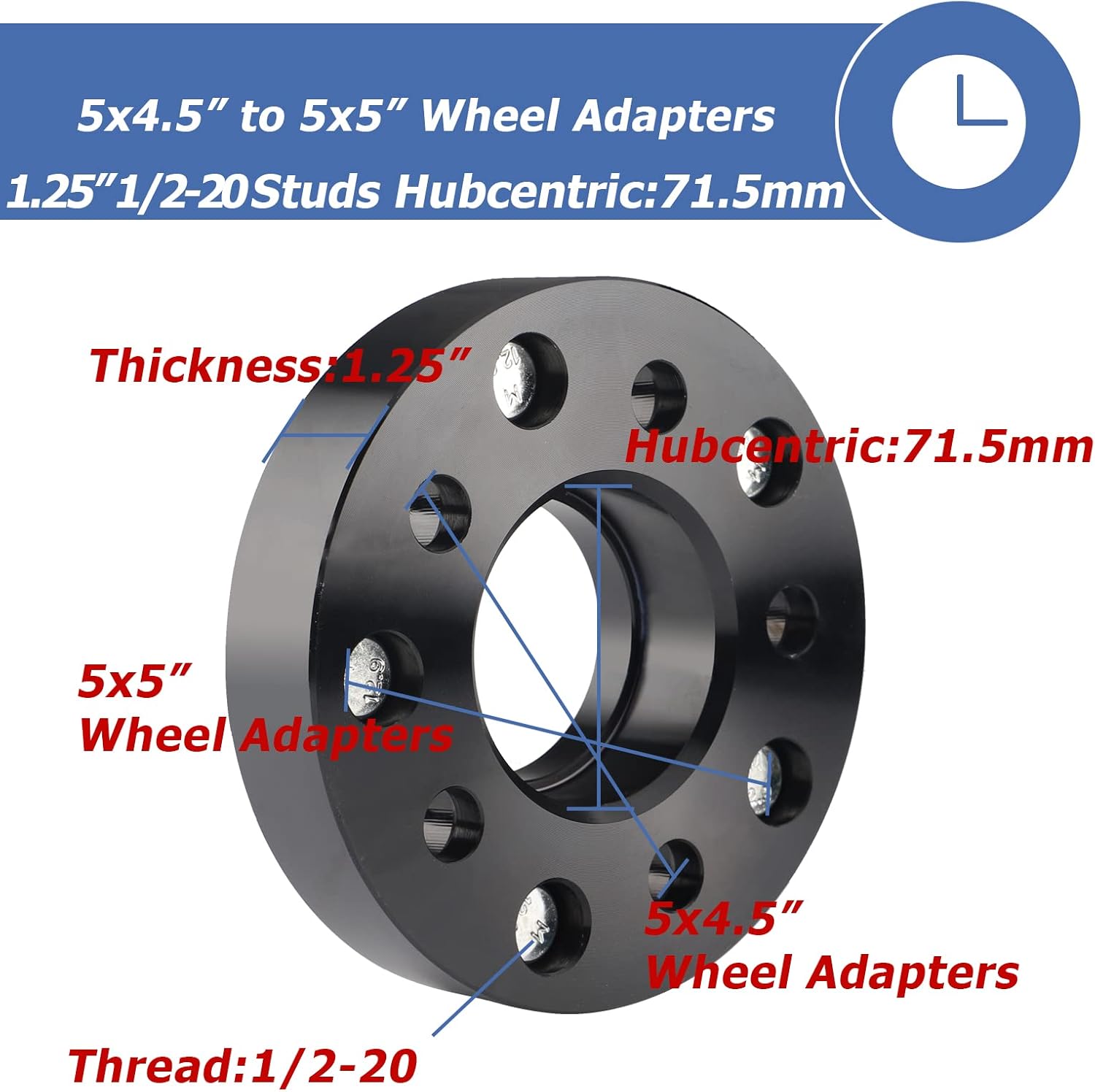 5X4.5 to 5X5 Hubcentric Wheel Adapters for JK Wheels on TJ YJ KK XJ ZJ Vehicle, 1.25'' 5X114.3Mm to 5X127Mm Convert Wheel Adapter 71.5Mm Hub Core with 1/2 Thread Pitch