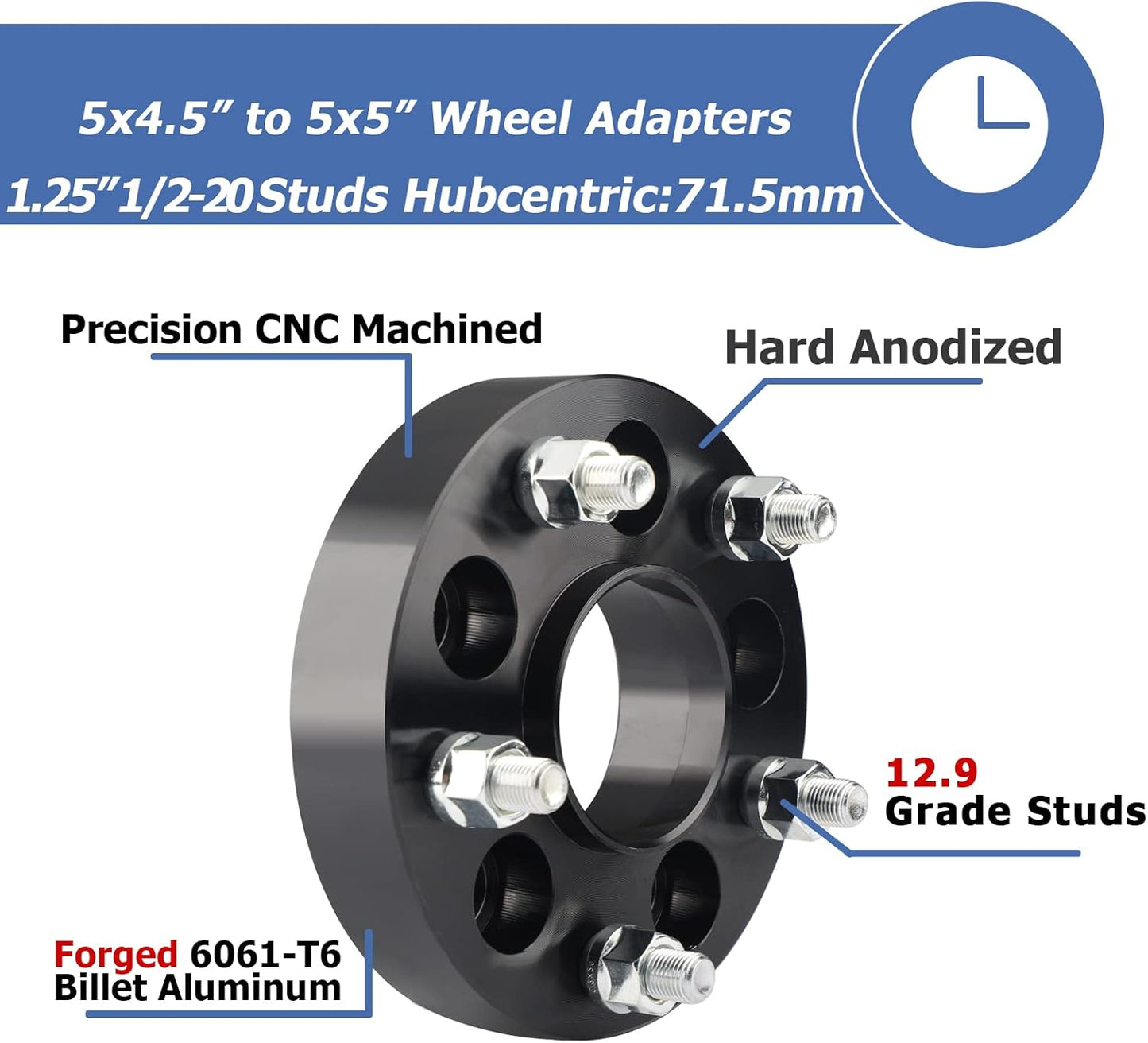 5X4.5 to 5X5 Hubcentric Wheel Adapters for JK Wheels on TJ YJ KK XJ ZJ Vehicle, 1.25'' 5X114.3Mm to 5X127Mm Convert Wheel Adapter 71.5Mm Hub Core with 1/2 Thread Pitch