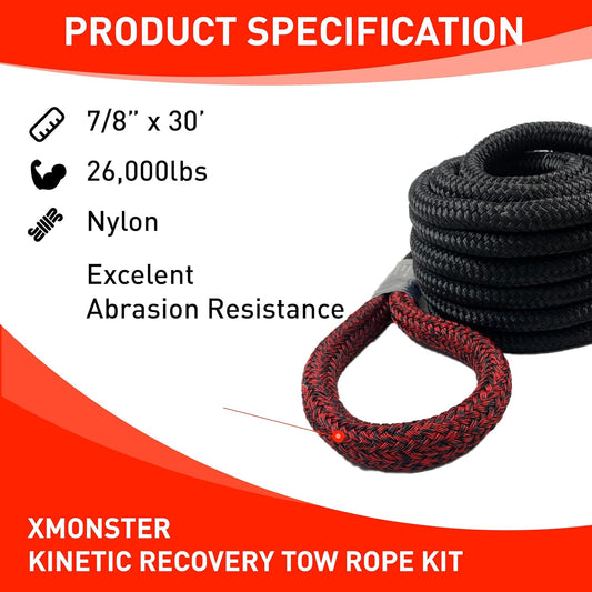 7/8" X 30' Kinetic Recovery Rope & Towing Rope - 29,000Lbs Breaking Strength - Heavy Duty Off-Road Snatch Rope with 2 Soft Shackles (40,000Lbs) and Free Carrying Bag