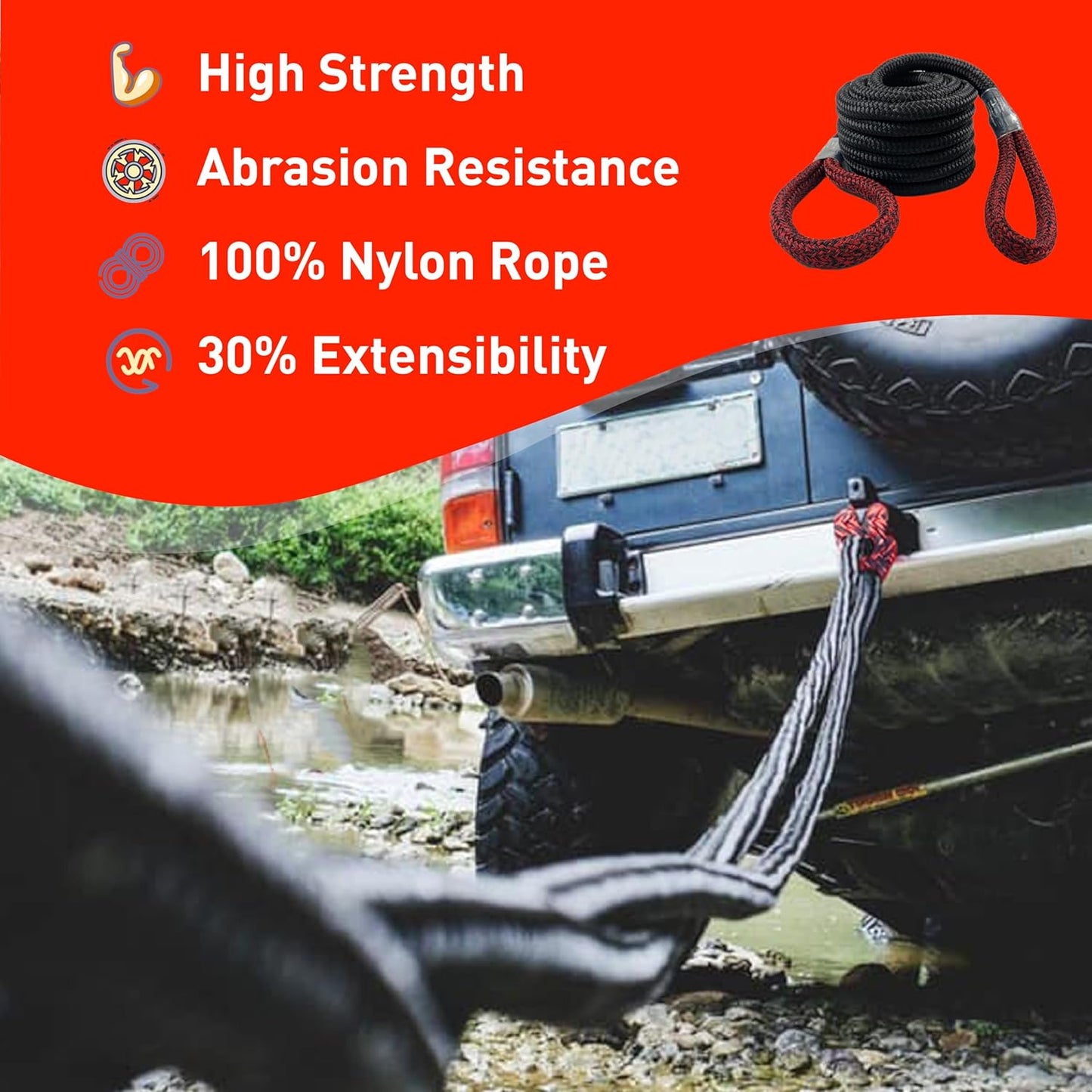 7/8" X 30' Kinetic Recovery Rope & Towing Rope - 29,000Lbs Breaking Strength - Heavy Duty Off-Road Snatch Rope with 2 Soft Shackles (40,000Lbs) and Free Carrying Bag